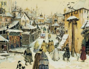 Een straat in Moskou uit de 17e eeuw nabij het Kremlin